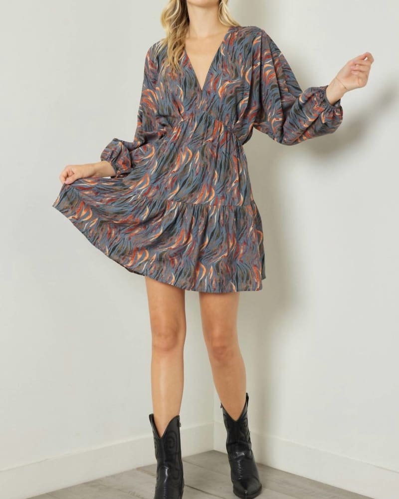 Front of a model wearing a size Large Long Sleeve Mini Dress In Charcoal Flame Print in Charcoal Flame Print by entro. | dia_product_style_image_id:342448